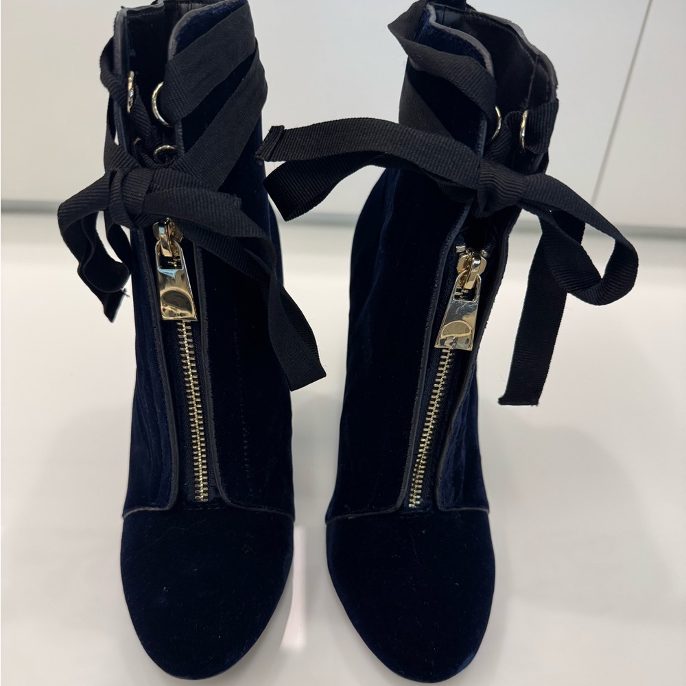 Zara Blue Velvet Ankle Boots with Gold Zipper